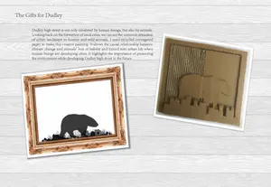 Dudley High Street is not only inhabited by human beings, but also by animals. Looking back on the formation of most cities, we can see the common attraction of urban landscapes to humans and and wild animals. I used recycled corrugated paper to make this creative painting. It shows the causal relationship between climate change and animals’ loss of habitat and forced into urban life when human beings are developing cities. It highlights the importance of protecting the environment while developing Dudley High Street in the future. - 0_u1aJqQVyjUUOkSH-.png