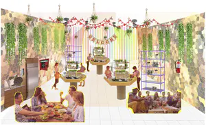 The interior of the community kitchen would be inviting and colourful to create a positive atmosphere. The colours were abstracted from one of our group collages of food. The kitchen counters are not considered as a back of house element; they have been combined with seating as we are trying to embrace the cooking process. The kitchen desk is designed in a way so multiple people can work together from all sides, with central storage for herbs.

The facade of the kitchen contains a small window so food can be sold outside. We have also created a vertical herb garden so it can be used in the community kitchen. We wanted to keep these below eye-line so people outdoors have a clear view into what’s going on inside.

This street section shows activity from the back of the community kitchen to the other end of the street and how all these elements are working coherently. The street is filled more with people rather than cars. We believe that the outdoor seating, more trees, canopies and street lights can attract people to connect with the High Street. - 1_FhlTHeqQ2vTYTBYjPskjSg.png