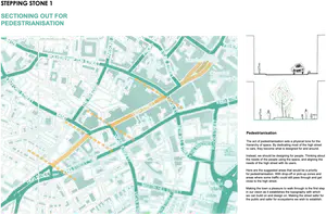 The first step is sectioning out for pedestrianisation. It was important that we did this so we can move down the intervention scale to the next stepping stone; laying the foundation for social and ecological benefits. The hierarchy of space is very much dedicated to cars right now. If you design for cars, you’re going to get more cars. If you design for people, you’re going to get more people. According to Just Economics, the footfall can increase by about 40% following pedestrianisation, and retail follows suit with about 30% increase in sales. - 1_u90NvmZWEYJpy_l7kZT3ww.png