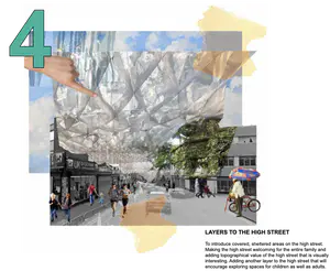 LAYERS TO THE HIGH STREET - To introduce covered, sheltered areas on the high street. Making the high street welcoming for the entire family and adding topographical value to the high street that is visually interesting. Adding another layer to the high street that will encourage exploring spaces for children as well as adults. - 1_uHX3-RDbo4tI8fS04tzp9g.png